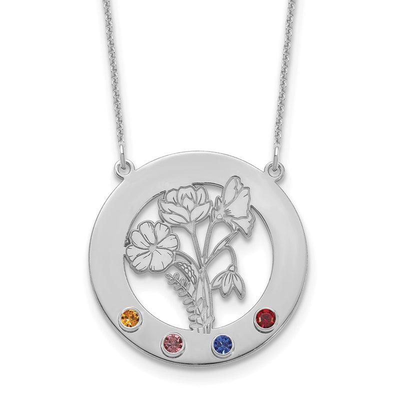 10k White Gold Circle w/4 Birth Flower and Birthstone Necklace