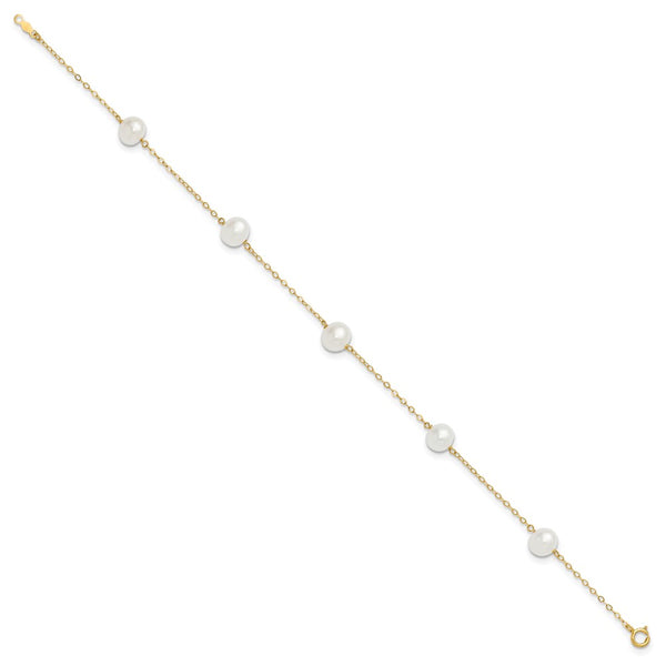 14K 7-8mm White Near Round FW Cultured Pearl 5-station 10in Anklet
