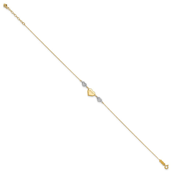 14K Two-tone Diamond-cut Puffed Heart LOVE 9in Plus 1in ext Anklet