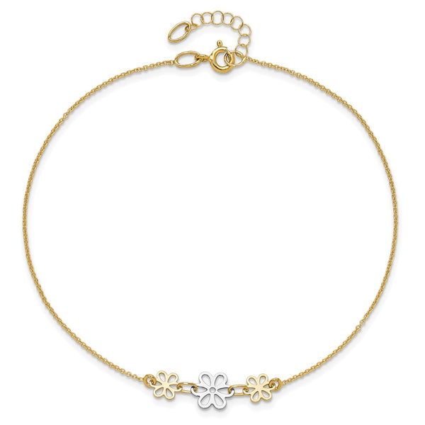 14K Two-tone Polished Three Flower 9in Plus 1in ext Anklet
