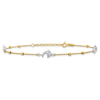 14K Two-tone Polished Bead & Dolphin 9in Plus 1in ext Anklet