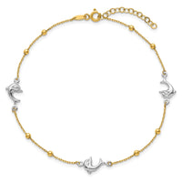 14K Two-tone Polished Bead & Dolphin 9in Plus 1in ext Anklet