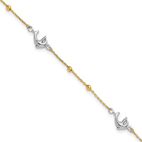 14K Two-tone Polished Bead & Dolphin 9in Plus 1in ext Anklet