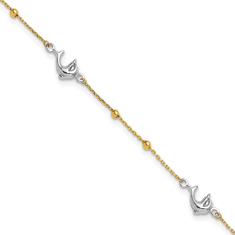 14K Two-tone Polished Bead & Dolphin 9in Plus 1in ext Anklet