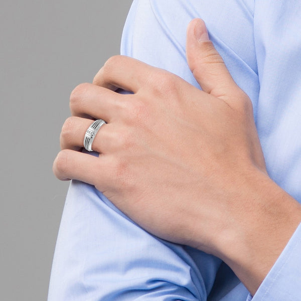14k White Gold Polished Satin/Grooved 5 Stone Men's Ring Mounting