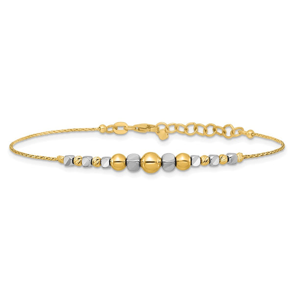 14K Two-Tone Polished Diamond-cut Beaded 7in w/1in ext. Bracelet