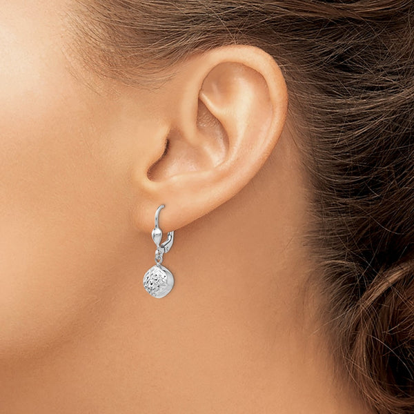 14k White Gold Polished Diamond-Cut Dangle Leverback Earrings