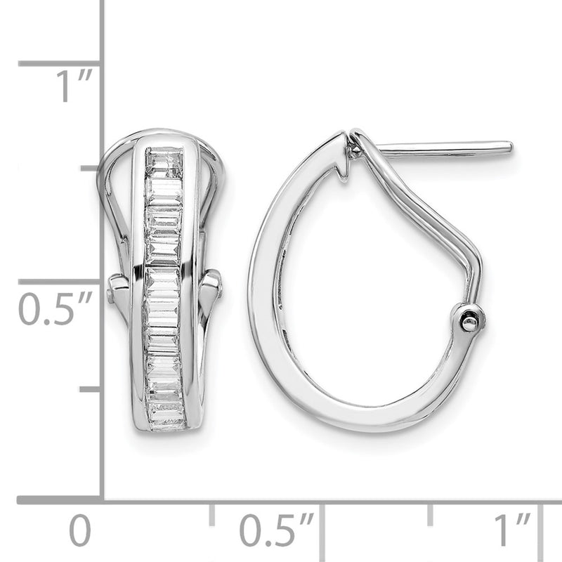 14k White Gold Baguette Diamond Omega Back Hoop Earrings