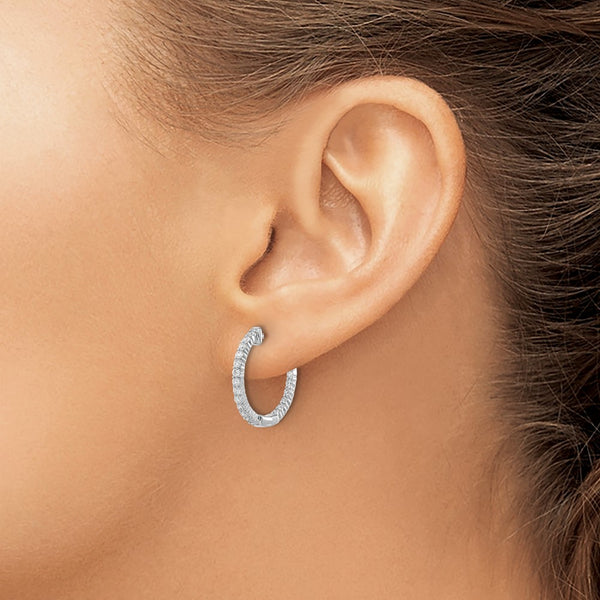 14k White Gold Polished Diamond In/Out Hinged Hoop Earrings