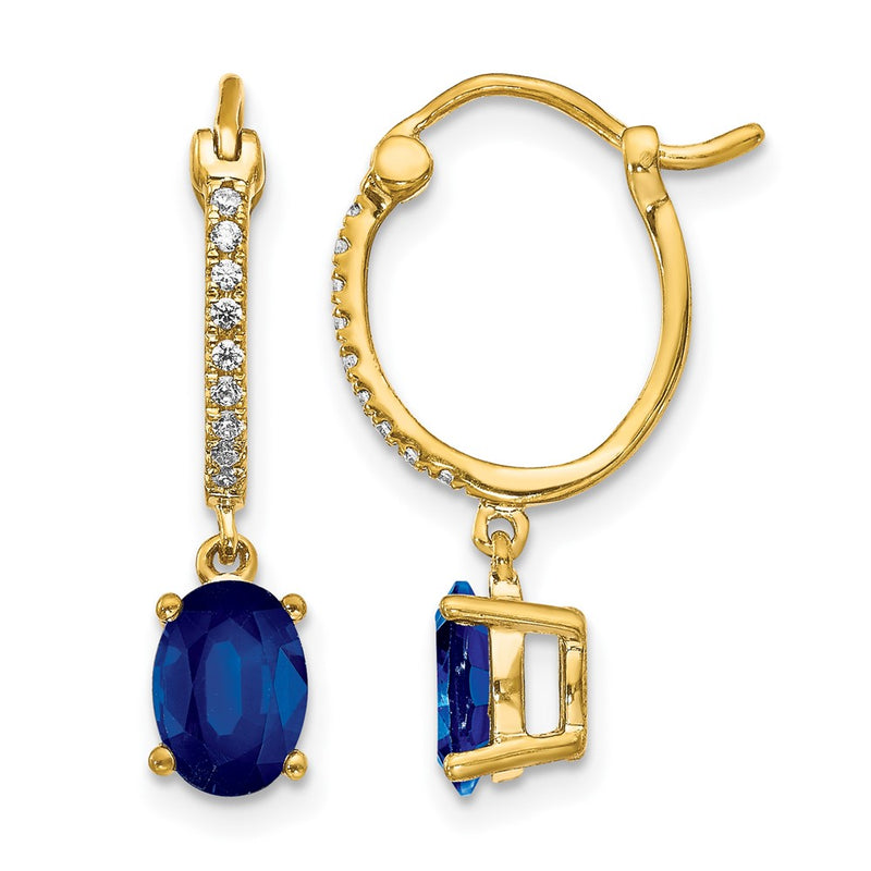 14k 1/10ct Diamond and Sapphire Dangle Hoop Earrings