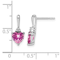 14k White Gold Created Pink Sapphire and Diamond Heart Earrings