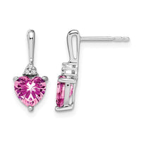 14k White Gold Created Pink Sapphire and Diamond Heart Earrings