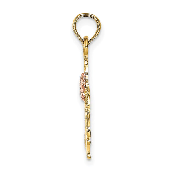 14K Two-tone Polished MOM and Flower Pendant