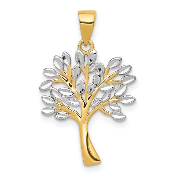 14K w/Rhodium Diamond Cut Tree Pendant