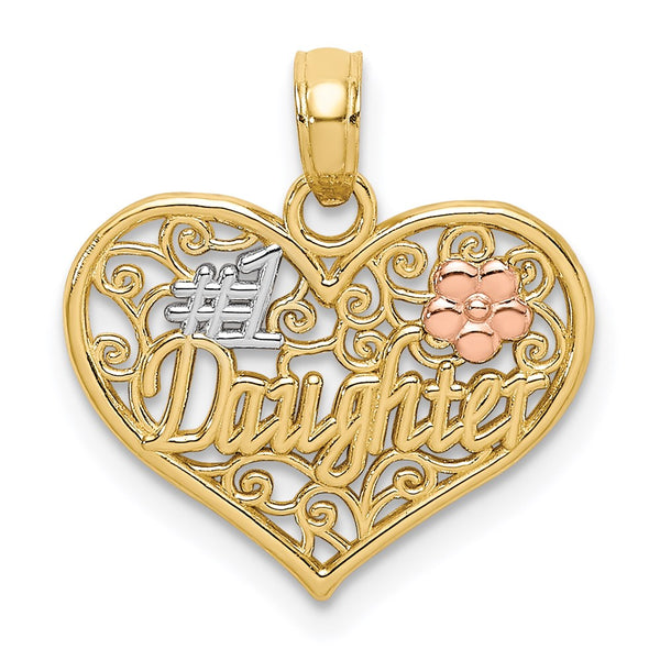 14k Two-tone White Rhodium #1 DAUGHTER In Heart w/ Flowers Charm
