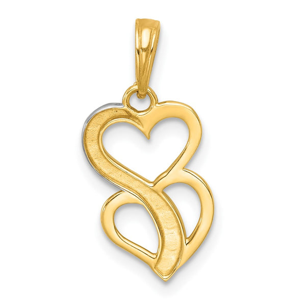 14k with White Rhodium Polished And Brushed Heart Above Heart Charm