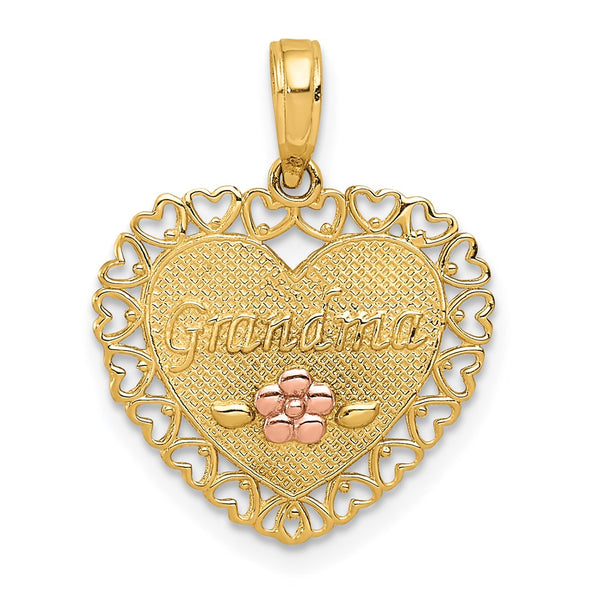 14k Two-Tone GRANDMA Heart w/Flower Charm