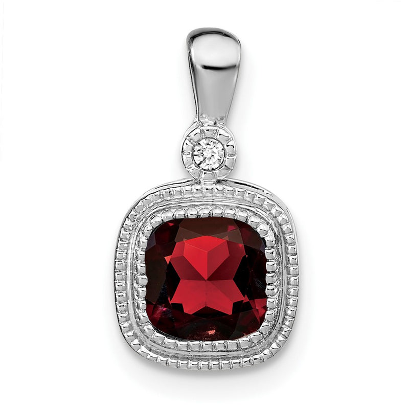 14k White Gold Cushion Garnet and Diamond Pendant