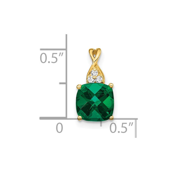 14k Checkerboard Created Emerald and Diamond Pendant