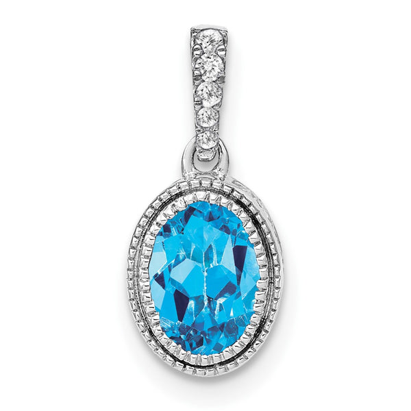 14k White Gold Oval Blue Topaz and Diamond Pendant