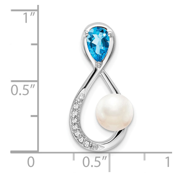 14k White Gold Blue Topaz/FWC Pearl/Diamond Infinity Chain Slide