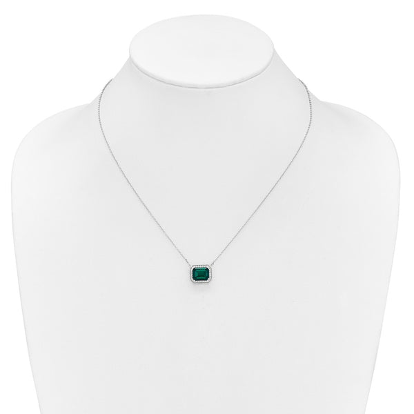 14k White Gold Octagon Created Emerald and Diamond 18in. Necklace