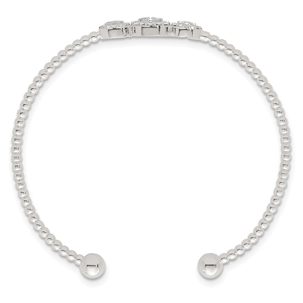 Sterling Silver Polished and Beaded Pave CZ Triple Circle Cuff Bangle