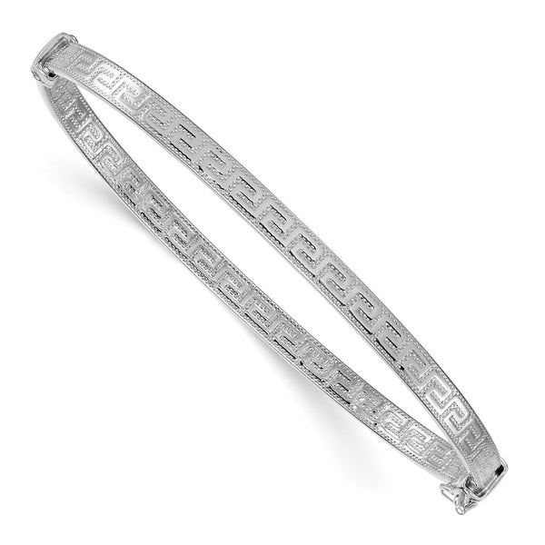 Sterling Silver RH-plated Polished Textured Greek Key Hinged Bangle