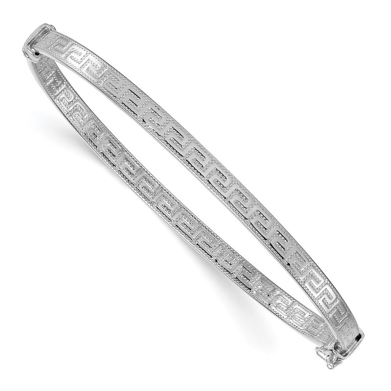 Sterling Silver RH-plated Polished Textured Greek Key Hinged Bangle
