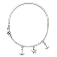 Sterling Silver Polished Anchor and Starfish Bangle Bracelet