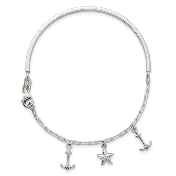 Sterling Silver Polished Anchor and Starfish Bangle Bracelet