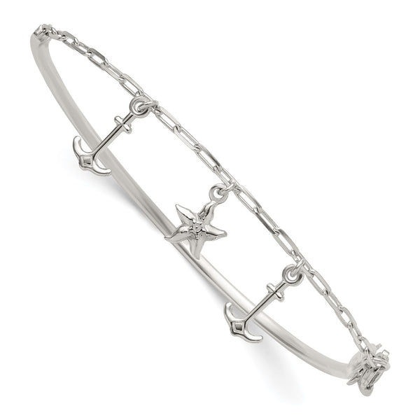 Sterling Silver Polished Anchor and Starfish Bangle Bracelet