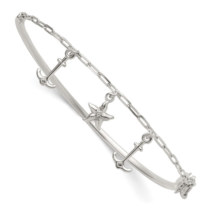 Sterling Silver Polished Anchor and Starfish Bangle Bracelet