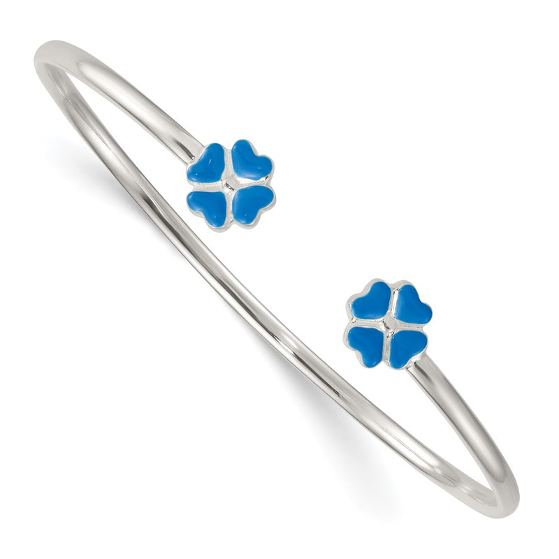 Sterling Silver Polished Enameled Blue Clover Children's Cuff Bangle