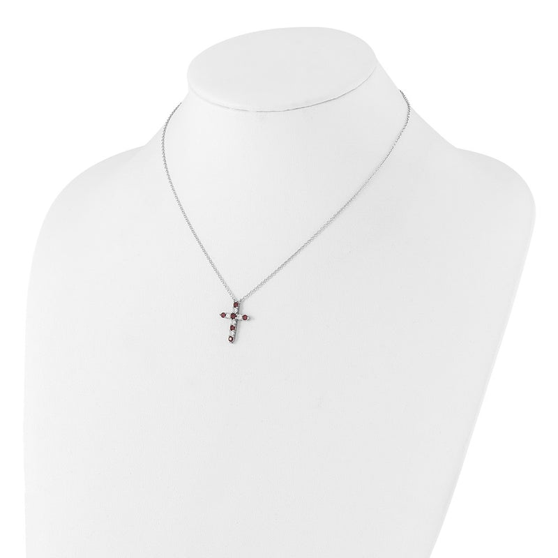 SS RH-plated Purple CZ February Birthstone Cross w/2in ext Necklace