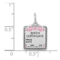 Sterling Silver Rhodium-plated Pink Birth Certificate Polished Charm