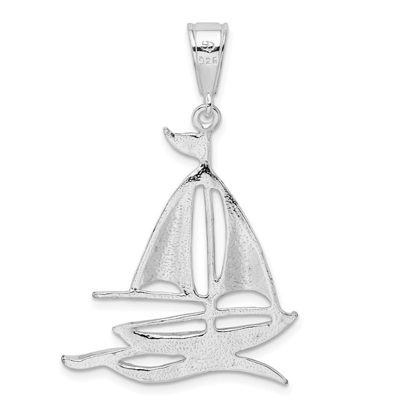 Sterling Silver Rhod-plated Polished/Textured Sailboat on Water Pendant