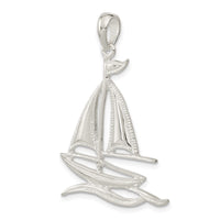 Sterling Silver Rhod-plated Polished/Textured Sailboat on Water Pendant
