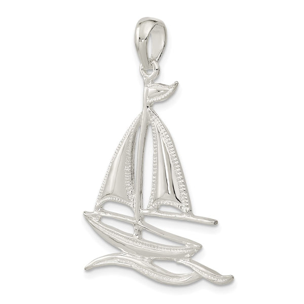 Sterling Silver Rhod-plated Polished/Textured Sailboat on Water Pendant
