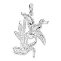 Sterling Silver Rhod-plated Polished Duck Flying Over Cattails Pendant