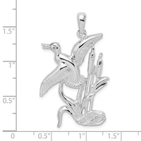 Sterling Silver Rhod-plated Polished Duck Flying Over Cattails Pendant