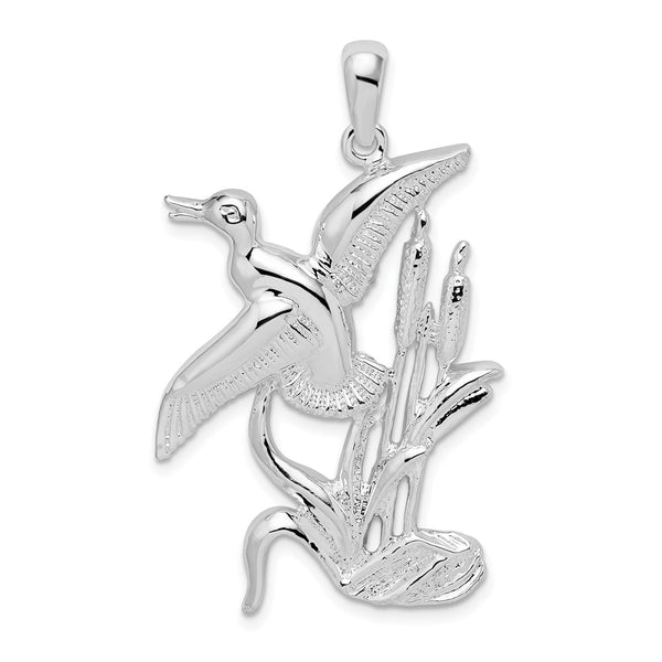 Sterling Silver Rhod-plated Polished Duck Flying Over Cattails Pendant
