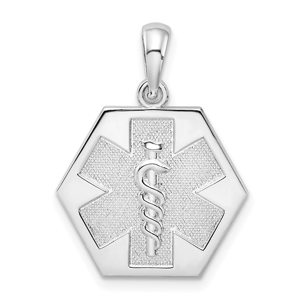 Sterling Silver Rhod-plated Polished Caduceus Hexagon Disc Pendant