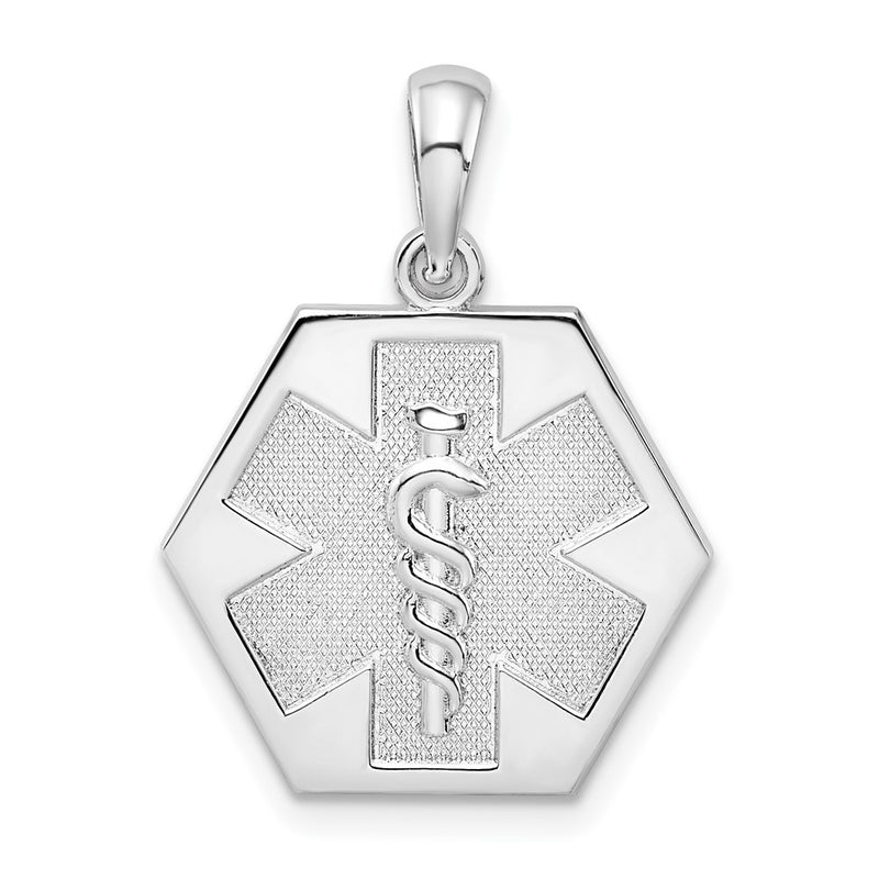 Sterling Silver Rhod-plated Polished Caduceus Hexagon Disc Pendant