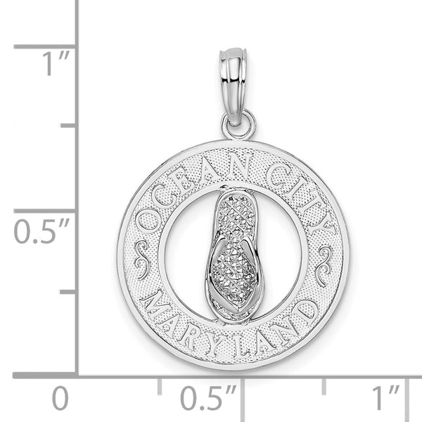 Sterling Silver Rhodium-plated Ocean City, MD Circle w/Flip-flop Pendant