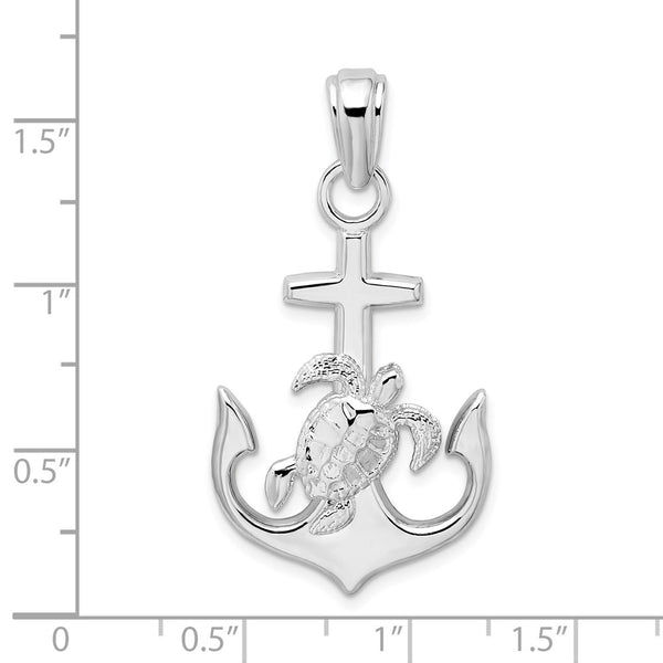 Sterling Silver Rhodium-plated Polished Anchor w/Sea Turtle Pendant