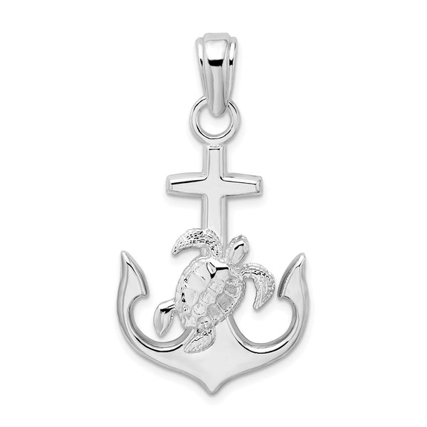 Sterling Silver Rhodium-plated Polished Anchor w/Sea Turtle Pendant