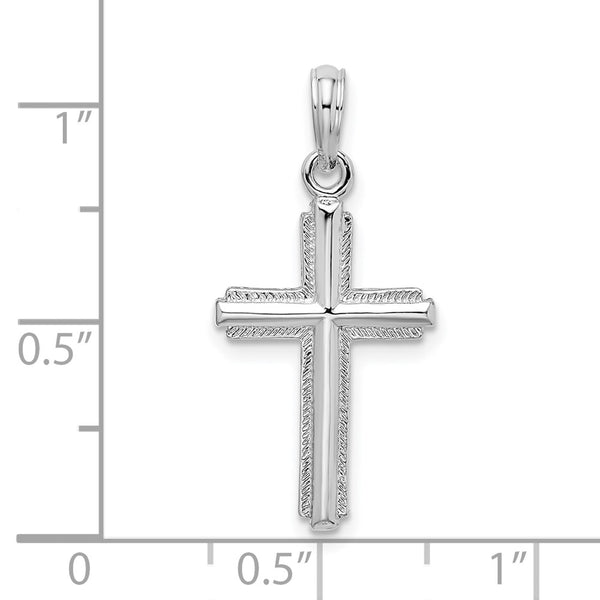 Sterling Silver Rhod-plated Polished Striped Border Latin Cross Pendant