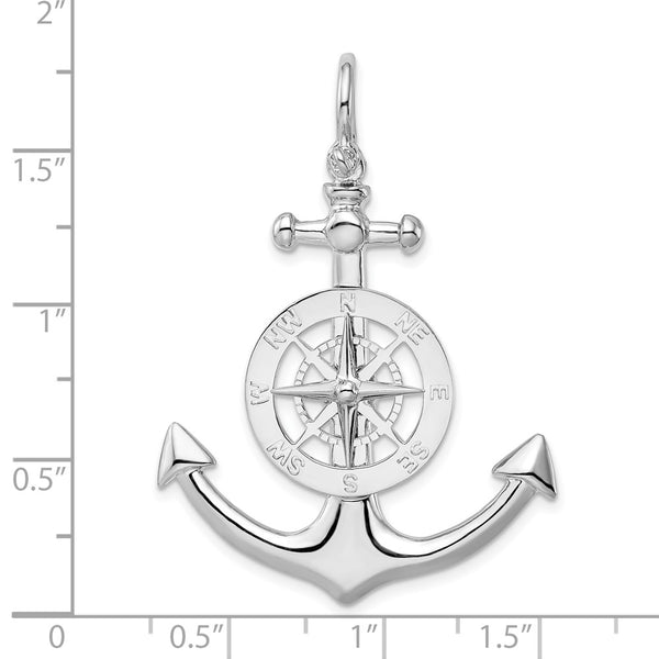 Sterling Silver Rhodium-plated Polished 3D Lg Anchor w/Compass Pendant