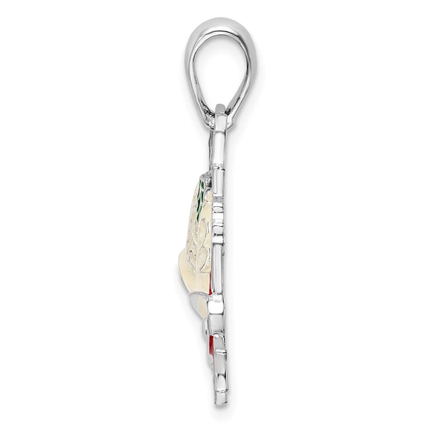 Sterling Silver Rhodium-plated Polished Enameled Bells/Holly Pendant